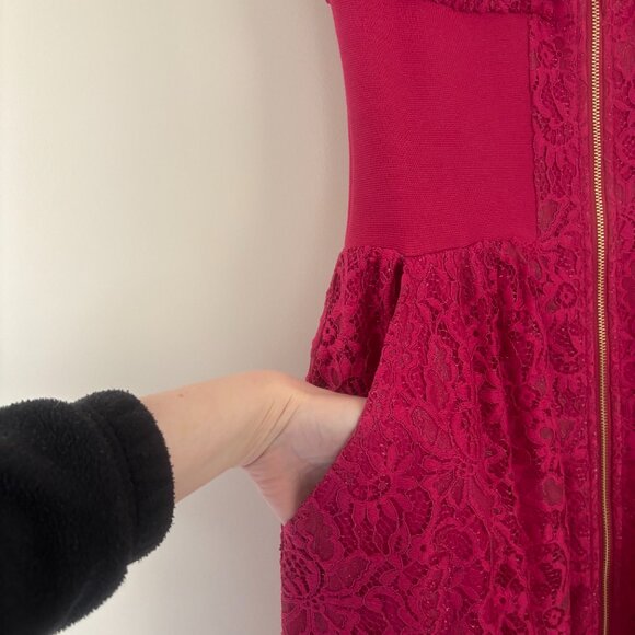 The Tommie Cap-Sleeve Front-Zip Shirt Dress: Lace Edition, Raspberry Pink, XS - Picture 6 of 7
